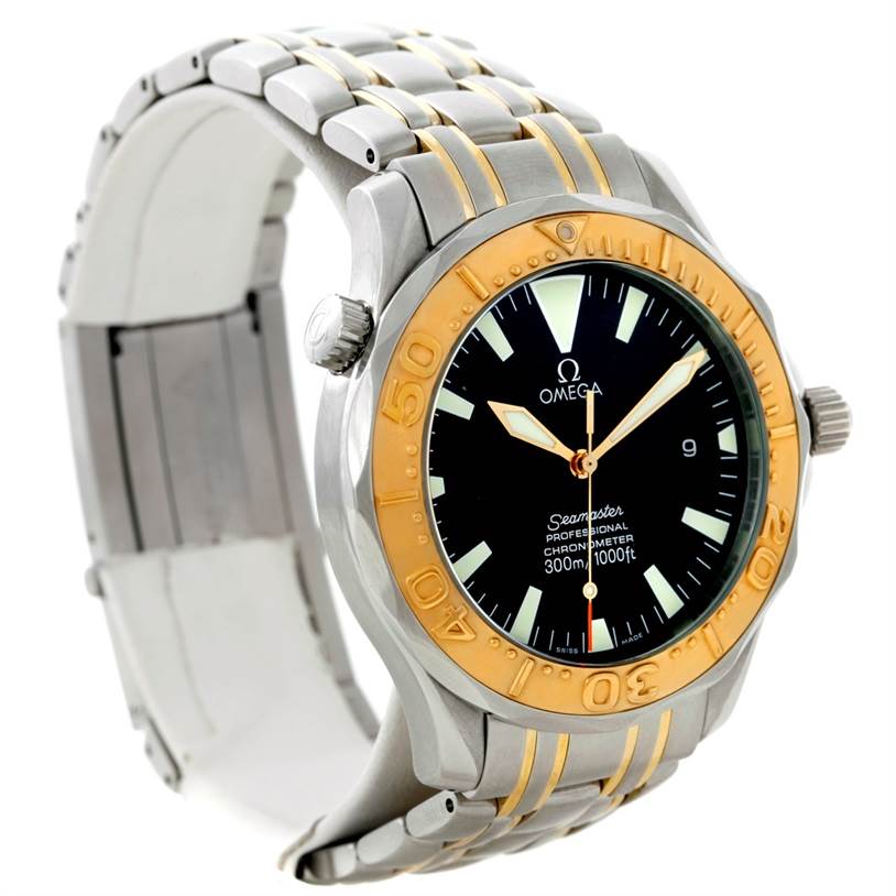 The Omega Seamaster 2455.50.00 Men
s Stainless Steel Black Dial 2455.50.00 Men
s Stainless Steel Black Dial watch is shown at an angle, displaying its two-tone bezel, dial, hands, markers, and part of the bracelet.