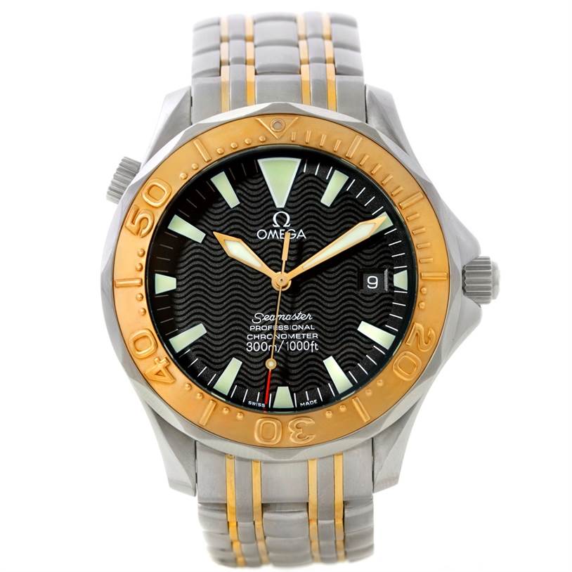 The image shows a front view of an Omega Seamaster 2455.50.00 Men
s Stainless Steel Black Dial 2455.50.00 Men
s Stainless Steel Black Dial watch, featuring a two-tone strap and a black dial with gold accents.