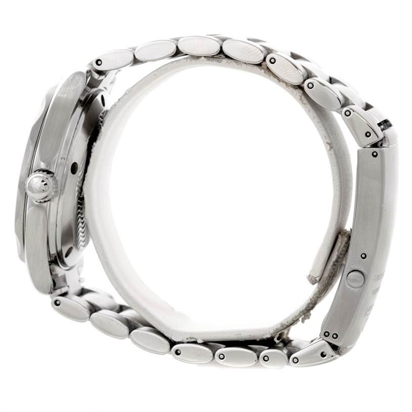 The image displays a side view of the Omega Seamaster 2252.50.00 Men
s Stainless Steel Black Dial 2252.50.00 Men
s Stainless Steel Black Dial watch, showing the case, crown, and metal bracelet.