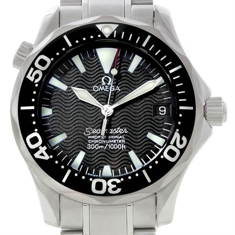 This is a front view of an Omega Seamaster 2252.50.00 Men
s Stainless Steel Black Dial 2252.50.00 Men
s Stainless Steel Black Dial watch showing the dial, hands, bezel, crown, and part of the stainless steel bracelet.