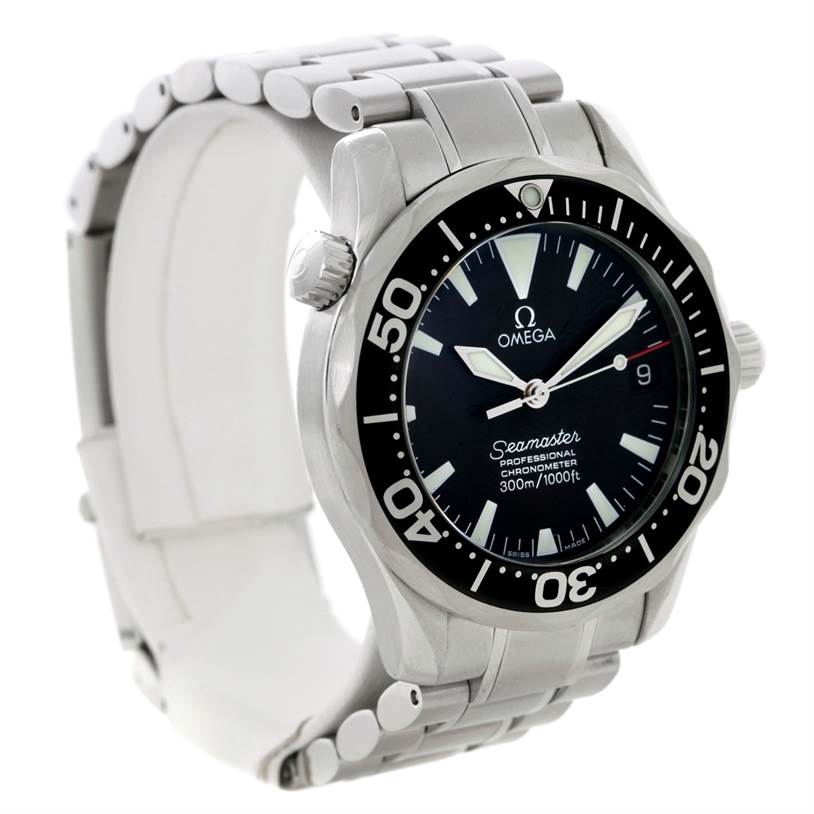 The Omega Seamaster 2252.50.00 Men
s Stainless Steel Black Dial 2252.50.00 Men
s Stainless Steel Black Dial watch is shown from a three-quarter angle, displaying its face, bezel, crown, and stainless steel bracelet.