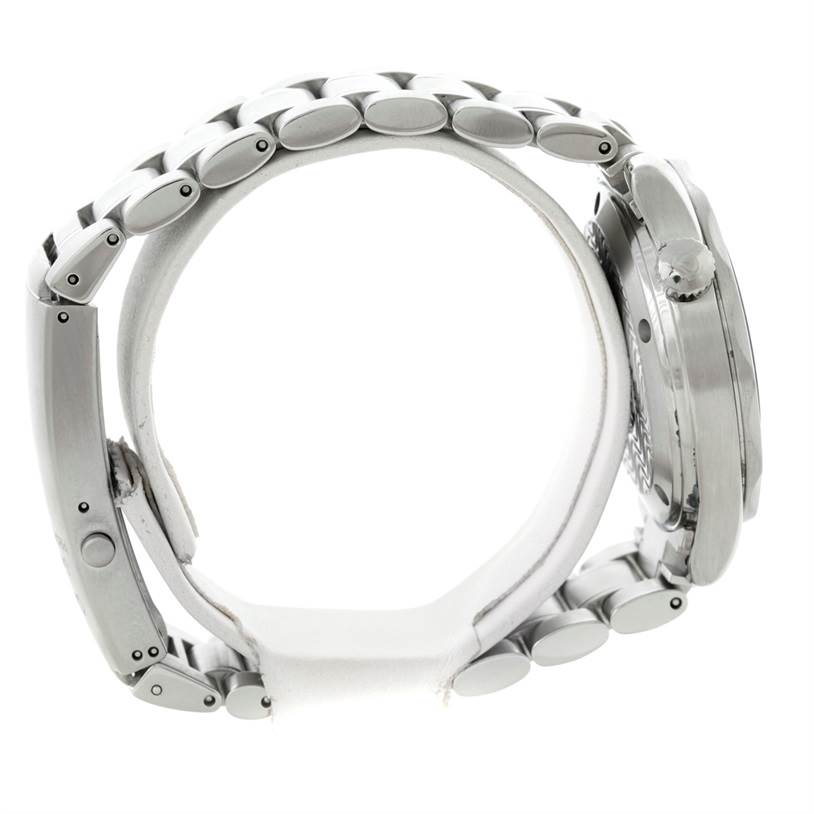 The Omega Seamaster 2252.50.00 Men
s Stainless Steel Black Dial 2252.50.00 Men
s Stainless Steel Black Dial watch is shown from a side view, displaying the bracelet, case, and crown.