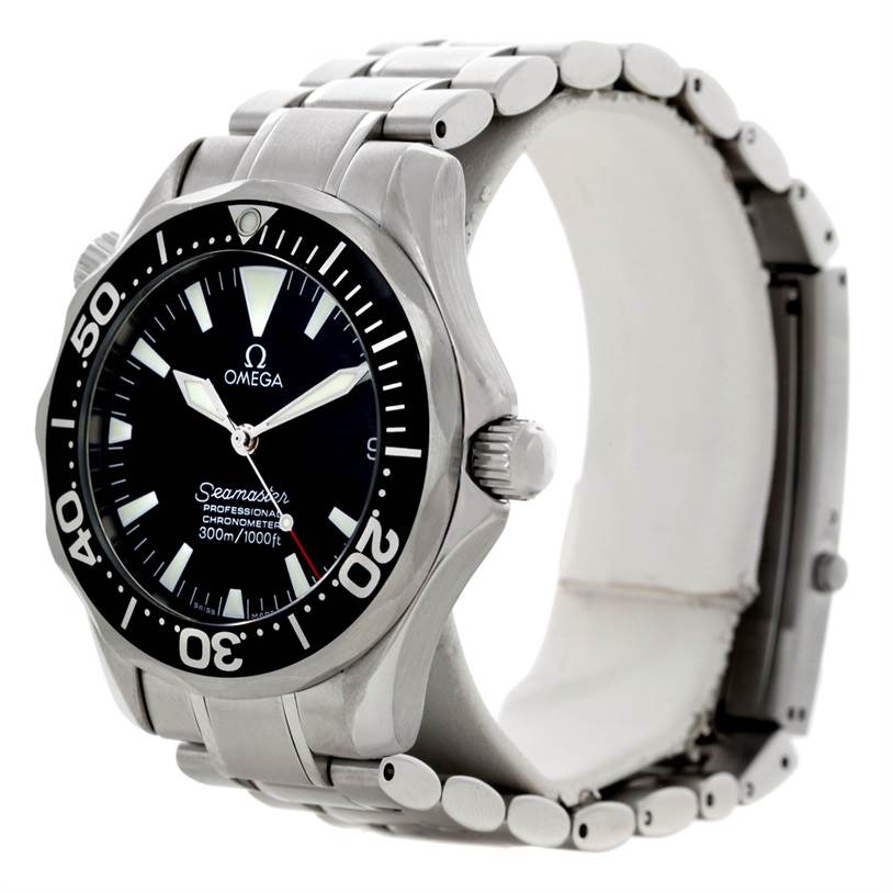 The Omega Seamaster 2252.50.00 Men
s Stainless Steel Black Dial 2252.50.00 Men
s Stainless Steel Black Dial watch is shown from a front-left angle, highlighting the dial, bezel, and part of the metal bracelet.