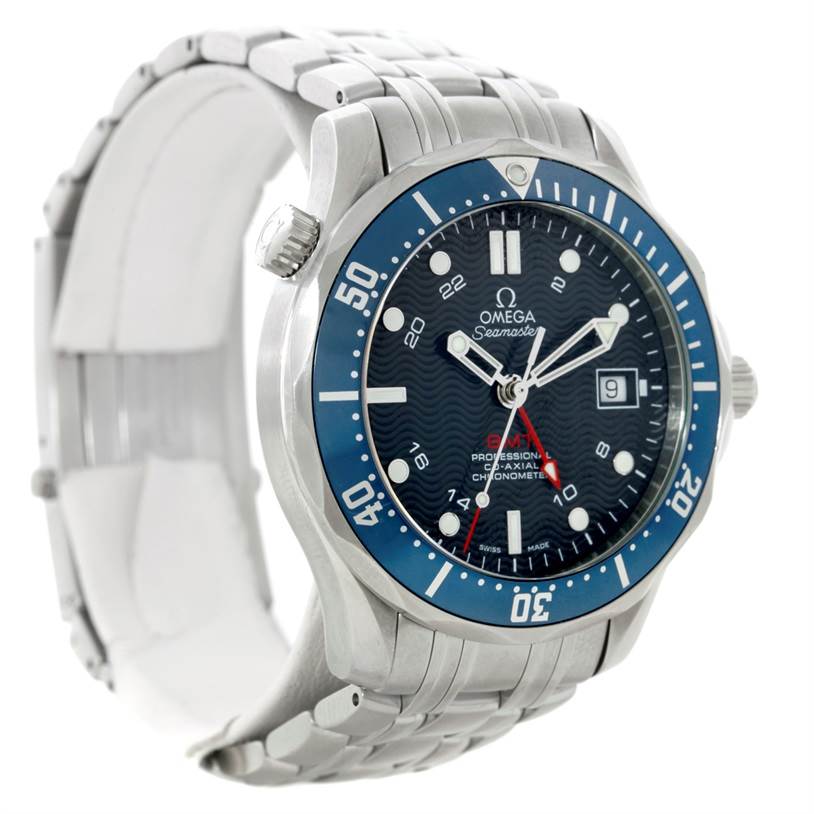 This image shows the Omega Seamaster 2535.80.00 Men's Stainless Steel Blue Dial 2535.80.00 Men's Stainless Steel Blue Dial watch from an angled front view, displaying its face, bezel, crown, and bracelet.