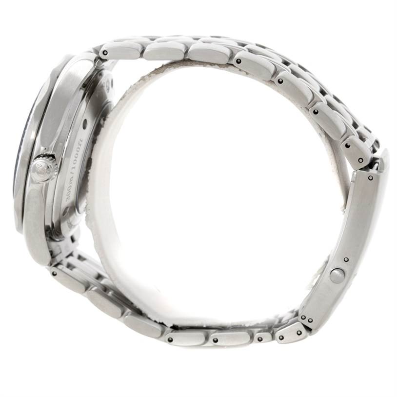 The image shows a side view of the Omega Seamaster 2535.80.00 Men's Stainless Steel Blue Dial 2535.80.00 Men's Stainless Steel Blue Dial watch focusing on its case, crown, and metal bracelet.