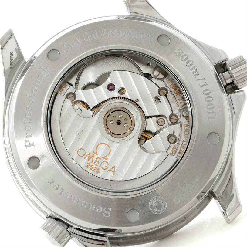 The image shows the back of an Omega Seamaster 2535.80.00 Men's Stainless Steel Blue Dial 2535.80.00 Men's Stainless Steel Blue Dial watch, revealing its intricate mechanical movement.