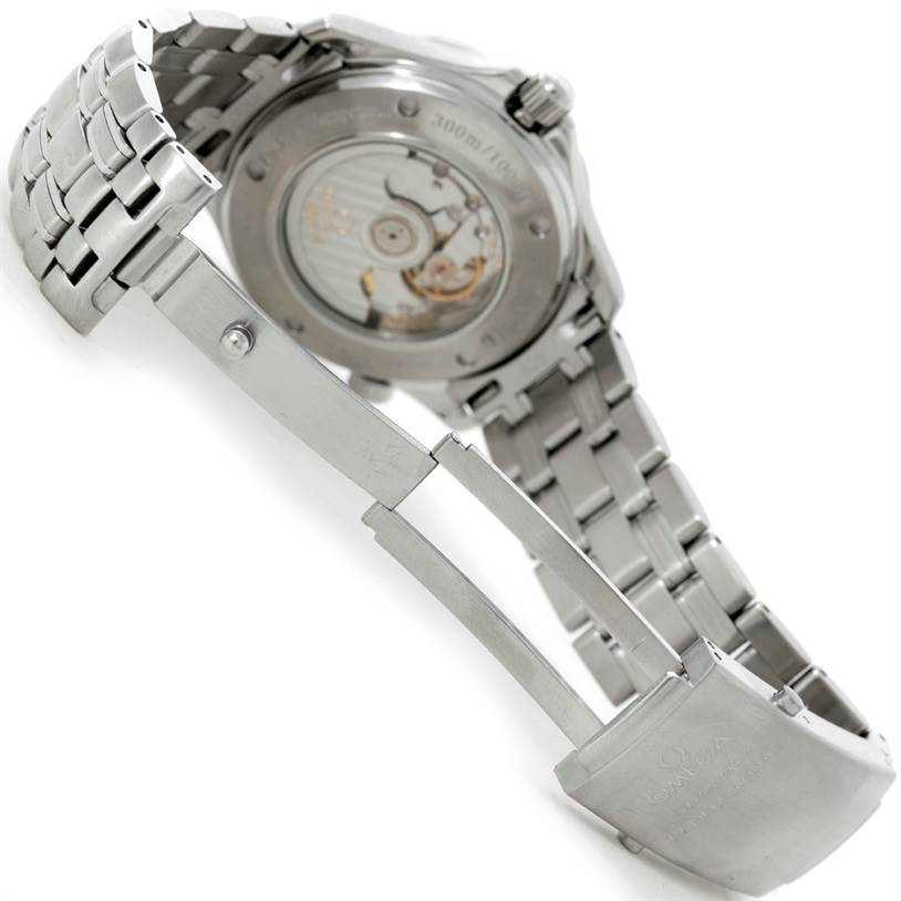 The image shows the back case, bracelet, and deployment clasp of an Omega Seamaster 2535.80.00 Men's Stainless Steel Blue Dial 2535.80.00 Men's Stainless Steel Blue Dial watch at an angled view.