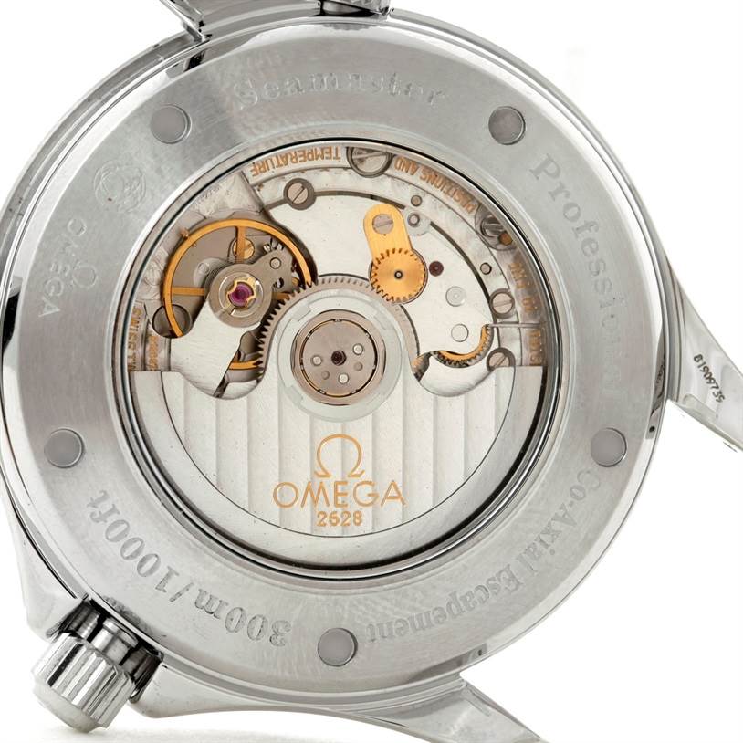 The image shows the back case of the Omega Seamaster 2535.80.00 Men's Stainless Steel Blue Dial 2535.80.00 Men's Stainless Steel Blue Dial watch, showcasing its exposed movement mechanism.