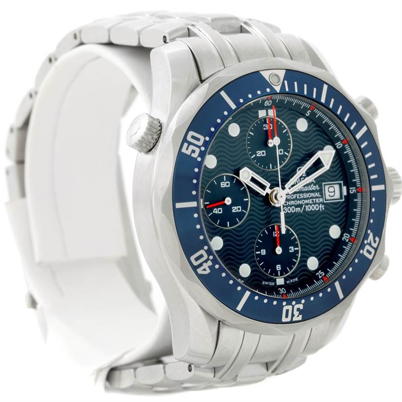 The image shows a frontal side angle view of the Omega Seamaster 2599.80.00 Men
s Stainless Steel Blue Dial 2599.80.00 Men
s Stainless Steel Blue Dial watch, highlighting its face and metal bracelet.