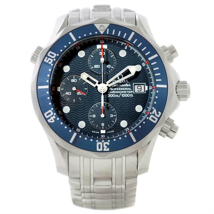 This is a front view of the Omega Seamaster 2599.80.00 Men
s Stainless Steel Blue Dial 2599.80.00 Men
s Stainless Steel Blue Dial watch showing the bezel, dial, subdials, and metal bracelet.