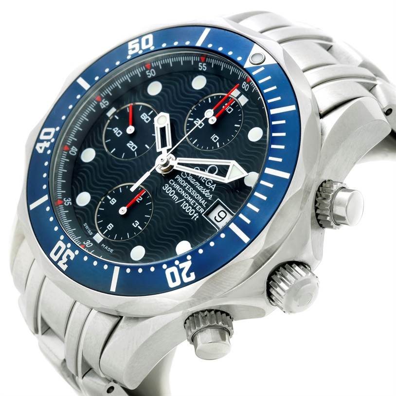 The image shows an oblique angle of the Omega Seamaster 2599.80.00 Men
s Stainless Steel Blue Dial 2599.80.00 Men
s Stainless Steel Blue Dial with visible bezel, crown, pushers, and bracelet.