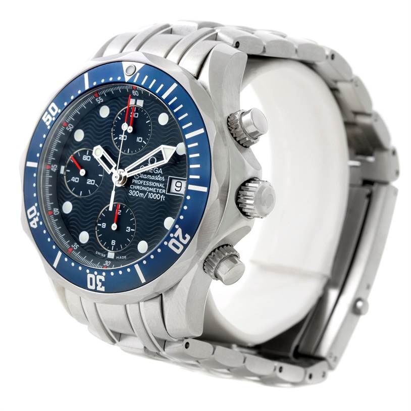 The Omega Seamaster 2599.80.00 Men
s Stainless Steel Blue Dial 2599.80.00 Men
s Stainless Steel Blue Dial watch is shown from an angled perspective, highlighting its dial, bezel, and crown.