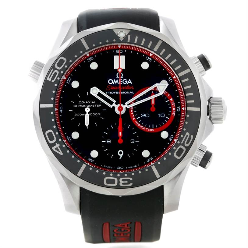 The image shows a head-on view of an Omega Seamaster 212.32.44.50.01.001 Men's Stainless Steel Black Dial 212.32.44.50.01.001 Men's Stainless Steel Black Dial watch, displaying its black dial, bezel, and pushers.