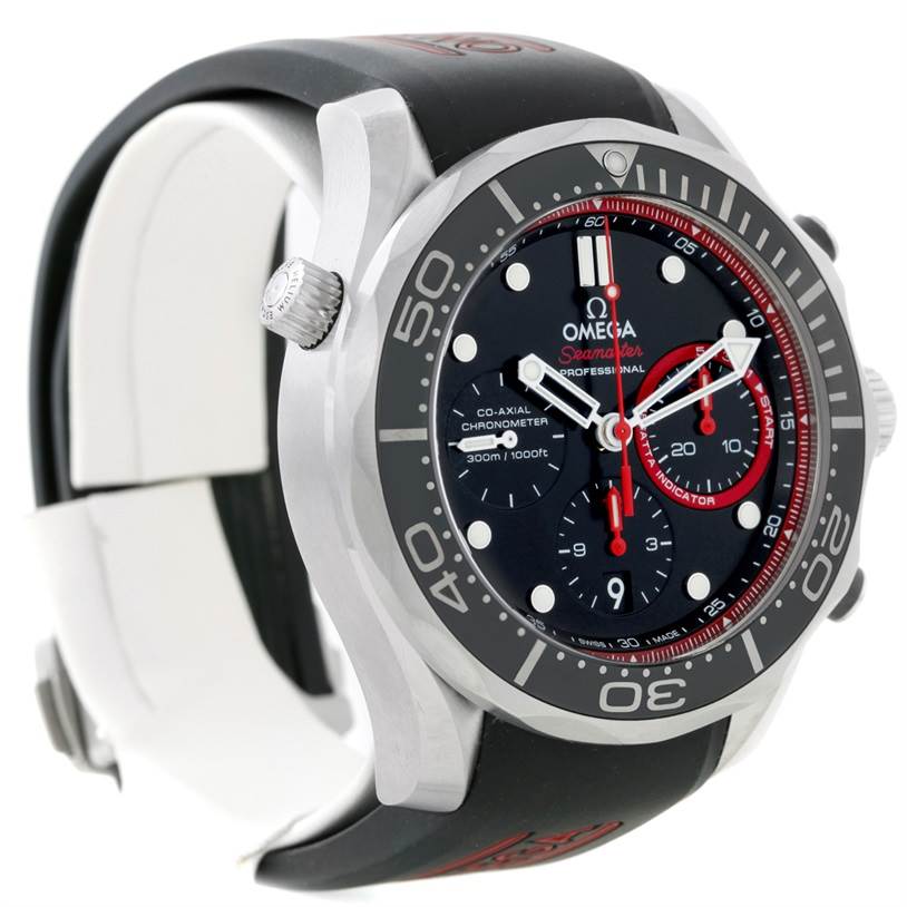 This image shows an Omega Seamaster 212.32.44.50.01.001 Men's Stainless Steel Black Dial 212.32.44.50.01.001 Men's Stainless Steel Black Dial watch from an angled side view, highlighting the dial, bezel, and part of the strap.