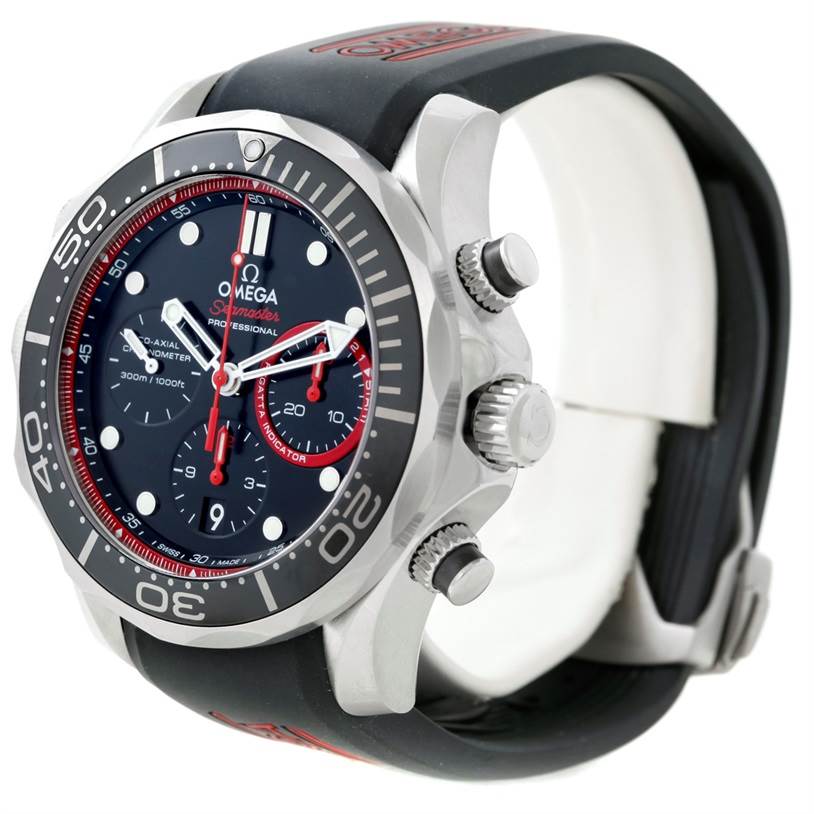 The image shows a side profile and front angle of an Omega Seamaster 212.32.44.50.01.001 Men's Stainless Steel Black Dial 212.32.44.50.01.001 Men's Stainless Steel Black Dial watch, highlighting the bezel, dial, and strap.