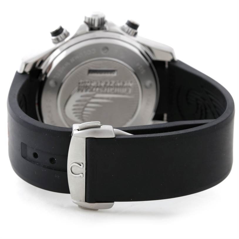 The image shows the back side of an Omega Seamaster 212.32.44.50.01.001 Men's Stainless Steel Black Dial 212.32.44.50.01.001 Men's Stainless Steel Black Dial watch, highlighting the clasp, strap, and case back.