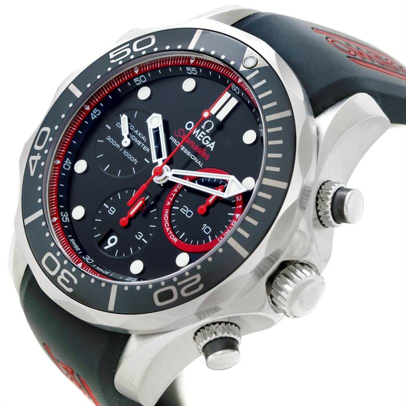 The image shows an angled view of an Omega Seamaster 212.32.44.50.01.001 Men's Stainless Steel Black Dial 212.32.44.50.01.001 Men's Stainless Steel Black Dial watch, highlighting the dials, bezel, crown, and pushers.