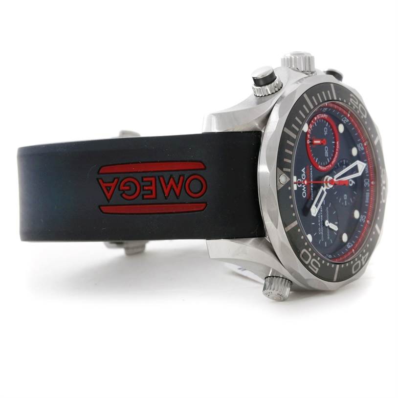 The image shows a side view of the Omega Seamaster 212.32.44.50.01.001 Men's Stainless Steel Black Dial 212.32.44.50.01.001 Men's Stainless Steel Black Dial watch, highlighting the strap, bezel, and crown.