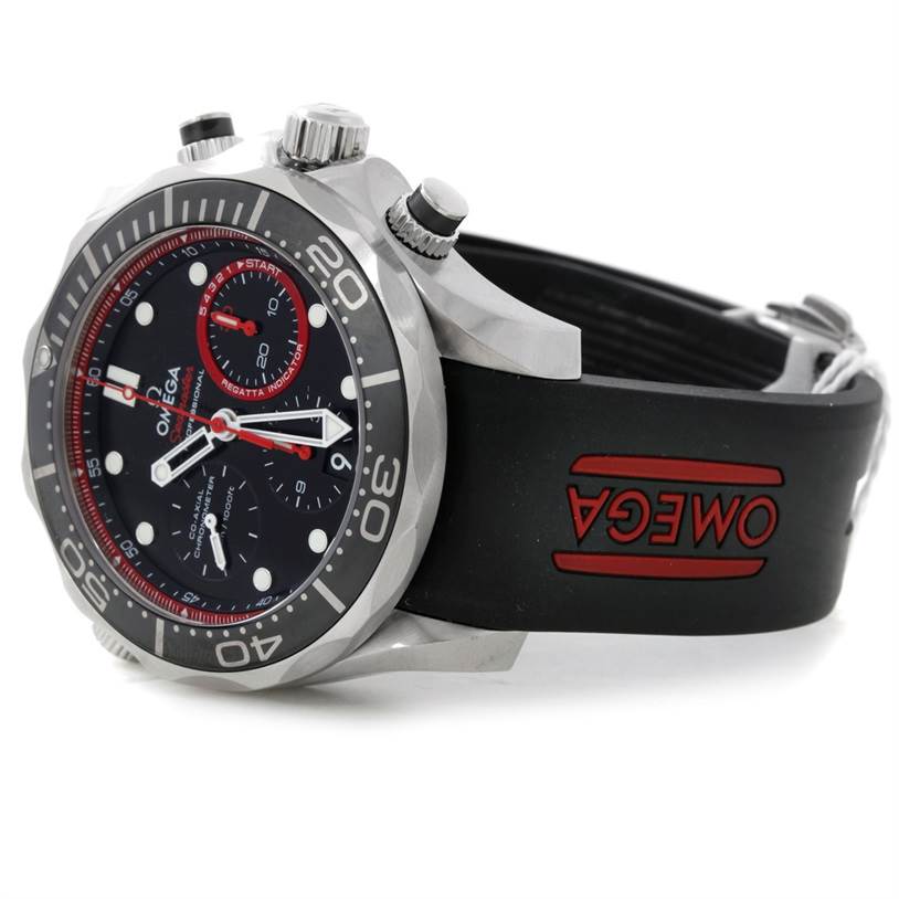 The Omega Seamaster 212.32.44.50.01.001 Men's Stainless Steel Black Dial 212.32.44.50.01.001 Men's Stainless Steel Black Dial watch is shown at an angle displaying its face, bezel, crown, chronograph buttons, and branded rubber strap.