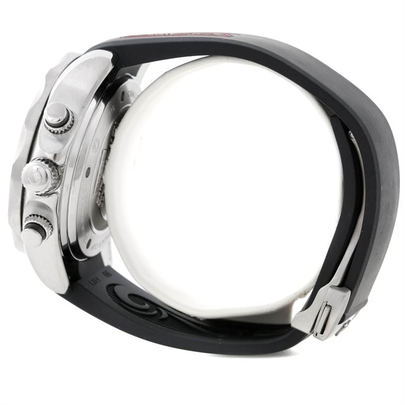 The image shows the side profile of an Omega Seamaster 212.32.44.50.01.001 Men's Stainless Steel Black Dial 212.32.44.50.01.001 Men's Stainless Steel Black Dial watch, highlighting the crown, chronograph buttons, and rubber strap with clasp.