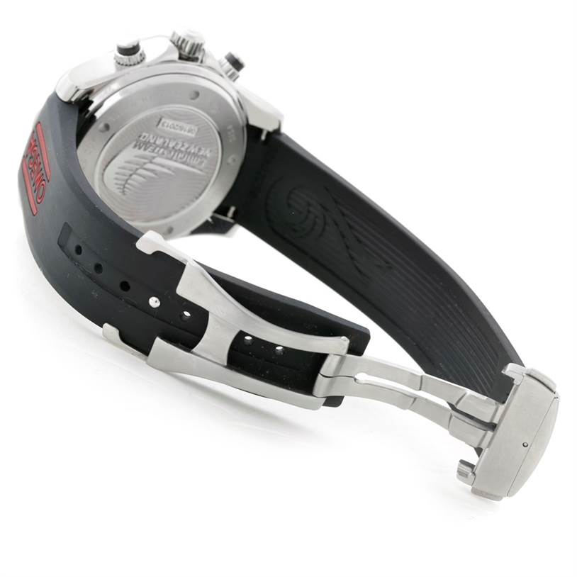 The image shows the back case and black rubber strap with clasp of an Omega Seamaster 212.32.44.50.01.001 Men's Stainless Steel Black Dial 212.32.44.50.01.001 Men's Stainless Steel Black Dial watch.