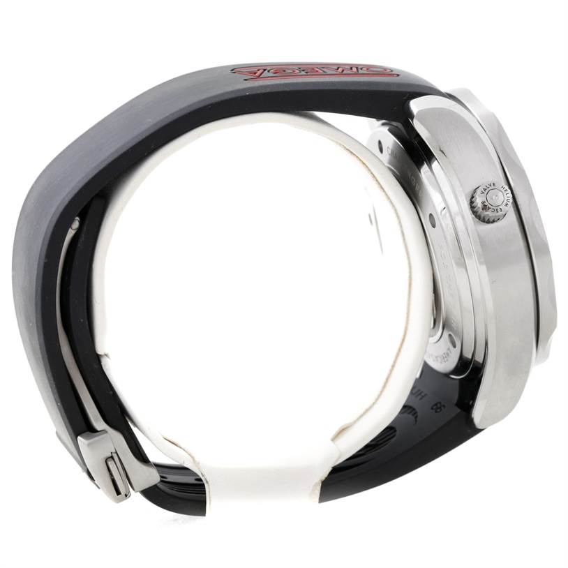 The image shows a side view of an Omega Seamaster 212.32.44.50.01.001 Men's Stainless Steel Black Dial 212.32.44.50.01.001 Men's Stainless Steel Black Dial watch, displaying the bezel, crown, and strap.