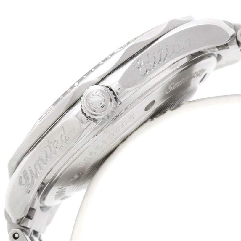 This image shows a side view of the Omega Seamaster 2533.50.00 Men
s Stainless Steel Black Dial 2533.50.00 Men
s Stainless Steel Black Dial watch, highlighting the crown and the "Limited Edition" engraving.