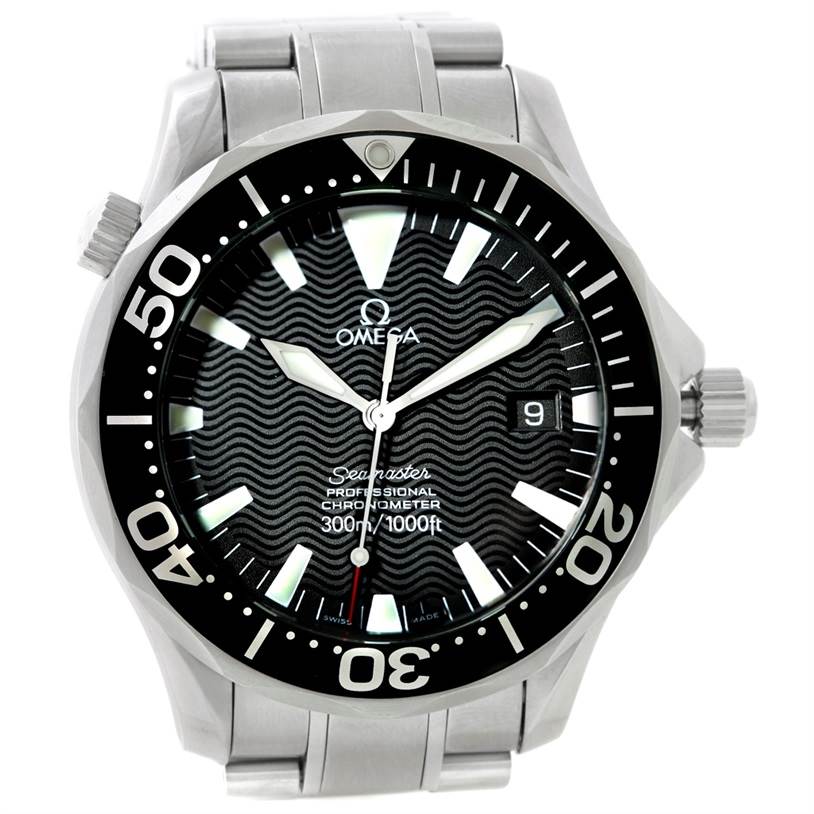 The Omega Seamaster 2254.50.00 Men
s Stainless Steel Black Dial 2254.50.00 Men
s Stainless Steel Black Dial watch is shown from a front angle, displaying its dial, bezel, and part of the bracelet.