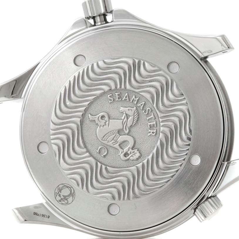 The image shows the engraved case back of an Omega Seamaster 2254.50.00 Men
s Stainless Steel Black Dial 2254.50.00 Men
s Stainless Steel Black Dial watch, viewed from a top-down angle.