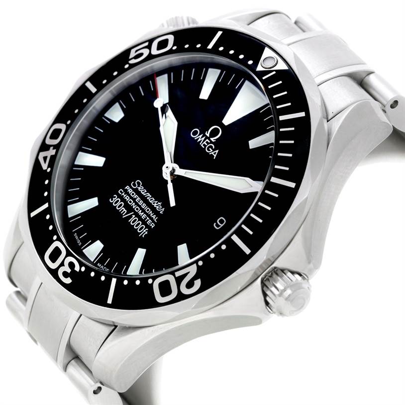 This image shows the Omega Seamaster 2254.50.00 Men
s Stainless Steel Black Dial 2254.50.00 Men
s Stainless Steel Black Dial watch from a three-quarter angle, highlighting the face, bezel, crown, and part of the metal bracelet.