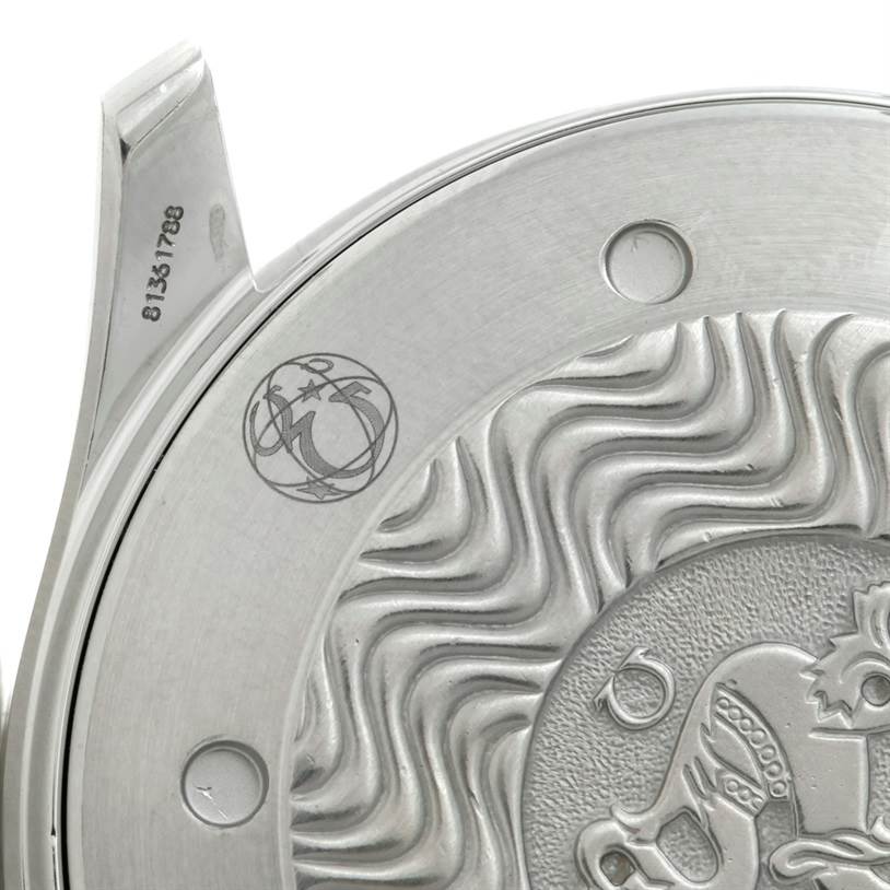 The image shows the back case of an Omega Seamaster 2254.50.00 Men
s Stainless Steel Black Dial 2254.50.00 Men
s Stainless Steel Black Dial watch, highlighting the embossed decorative detail and some engravings.