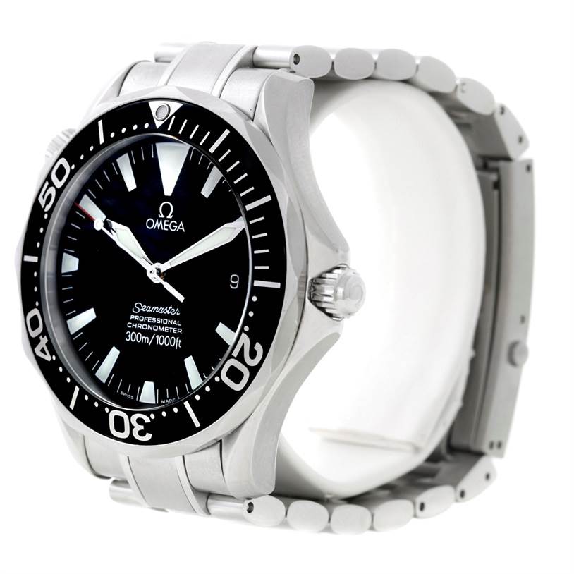 The Omega Seamaster 2254.50.00 Men
s Stainless Steel Black Dial 2254.50.00 Men
s Stainless Steel Black Dial watch is shown at a front angle, displaying its dial, bezel, crown, and part of the bracelet.