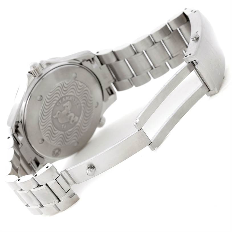 The image shows the back case, bracelet, and clasp of an Omega Seamaster 2254.50.00 Men
s Stainless Steel Black Dial 2254.50.00 Men
s Stainless Steel Black Dial watch from an angled perspective.