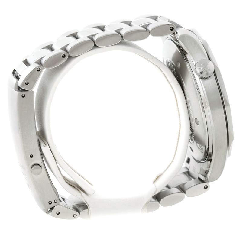 The image shows a side profile of an Omega Seamaster 2254.50.00 Men
s Stainless Steel Black Dial 2254.50.00 Men
s Stainless Steel Black Dial watch, displaying its stainless steel bracelet and crown.