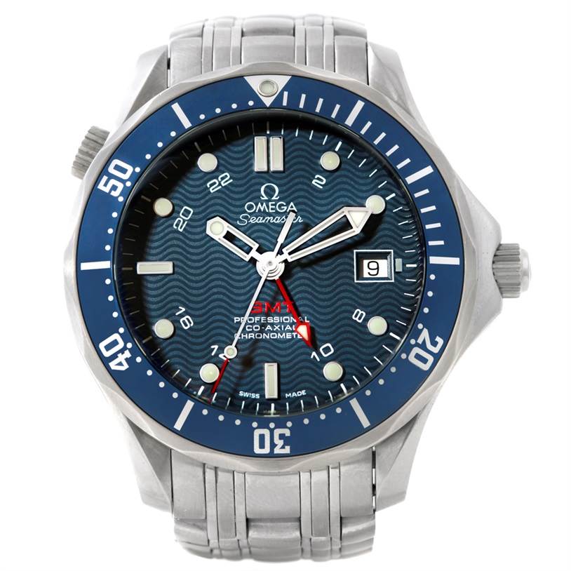 The Omega Seamaster 2535.80.00 Men
s Stainless Steel Blue Dial 2535.80.00 Men
s Stainless Steel Blue Dial watch is shown from a front angle, displaying the dial, bezel, crown, and part of the metal bracelet.