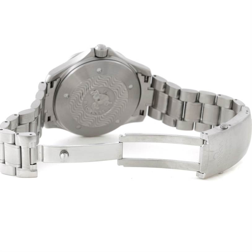The image shows the back case, crown, and partially open bracelet clasp of an Omega Seamaster 2538.20.00 Men
s Stainless Steel White Dial 2538.20.00 Men
s Stainless Steel White Dial watch.