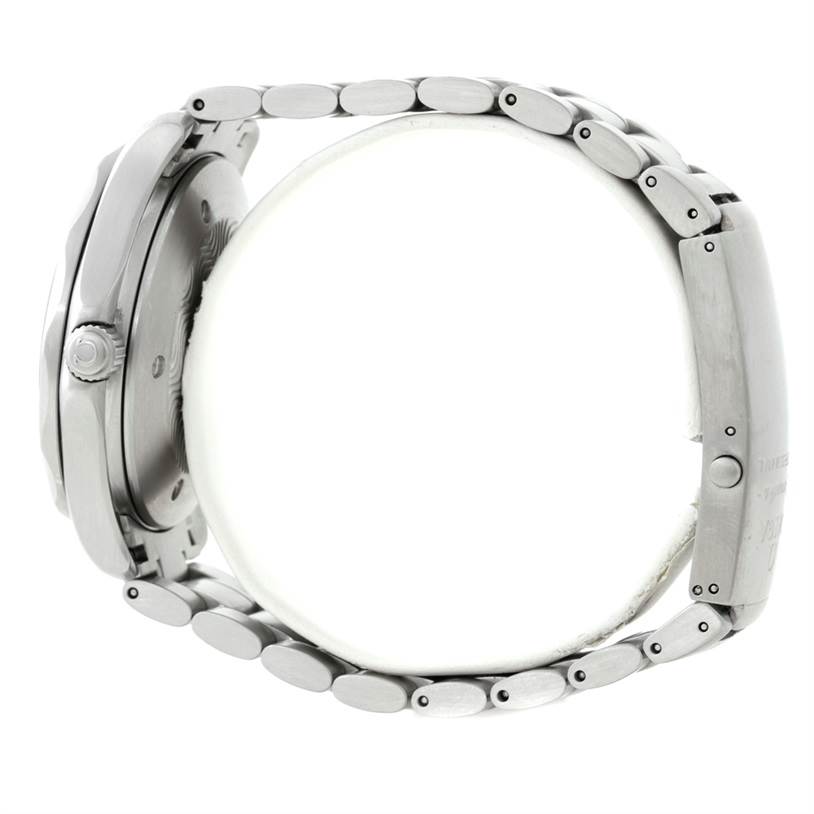 The image shows a side view of the Omega Seamaster 2538.20.00 Men
s Stainless Steel White Dial 2538.20.00 Men
s Stainless Steel White Dial watch, focusing on the bracelet and side profile of the case with the crown visible.