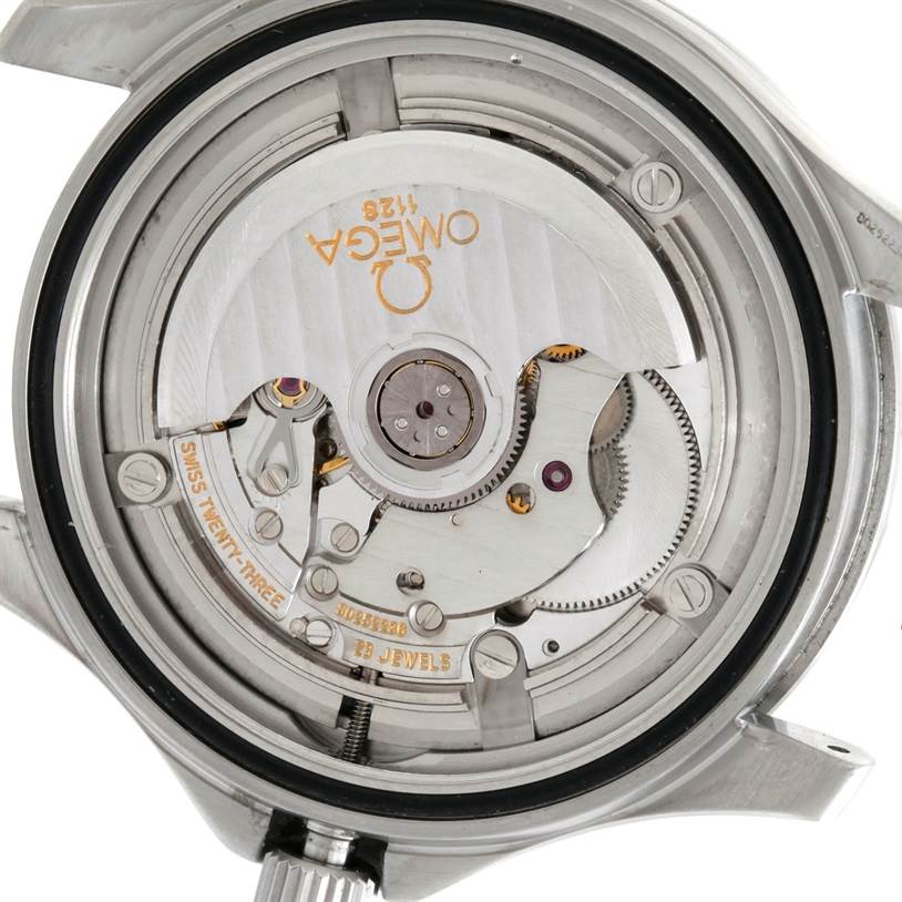 The image shows the open case back of an Omega Seamaster 2538.20.00 Men
s Stainless Steel White Dial 2538.20.00 Men
s Stainless Steel White Dial watch, revealing its mechanical movement components.