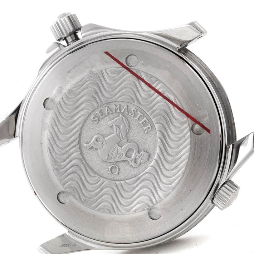 The image shows the back casing of an Omega Seamaster 2254 50 00 Men
s Stainless Steel Black Dial 2254 50 00 Men
s Stainless Steel Black Dial watch, highlighting the engraved emblem and brushed metal finish.