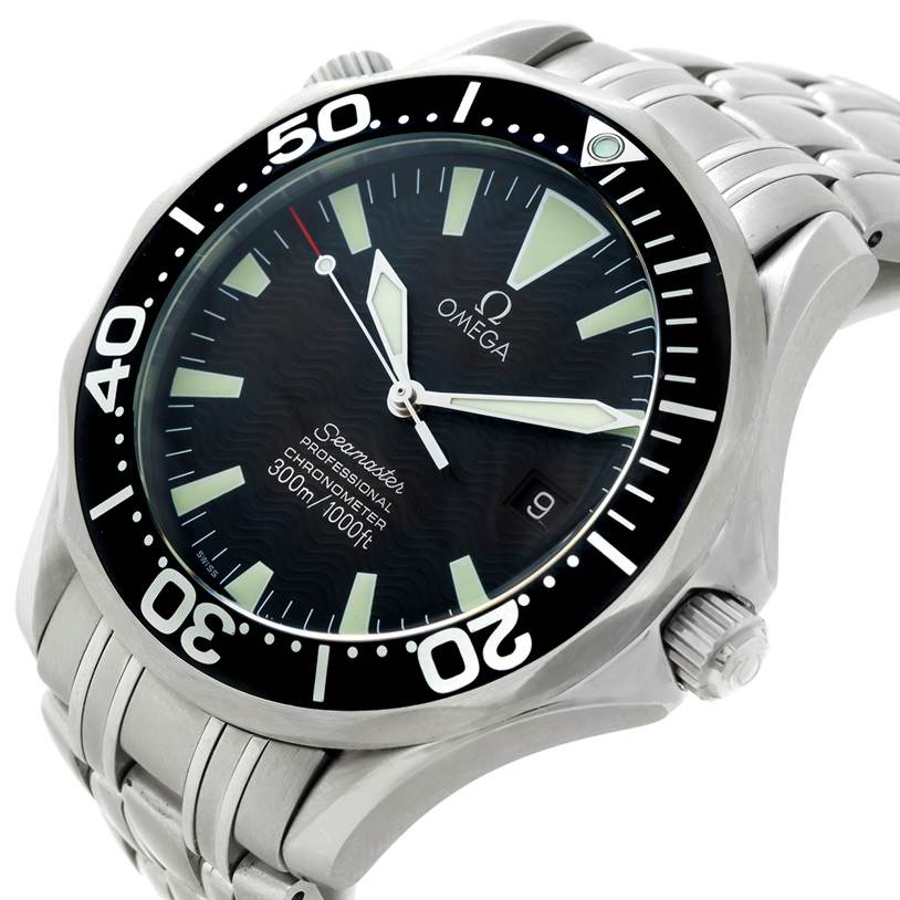 The Omega Seamaster 2254 50 00 Men
s Stainless Steel Black Dial 2254 50 00 Men
s Stainless Steel Black Dial watch is shown at an angled view, highlighting the dial, bezel, crown, and part of the bracelet.