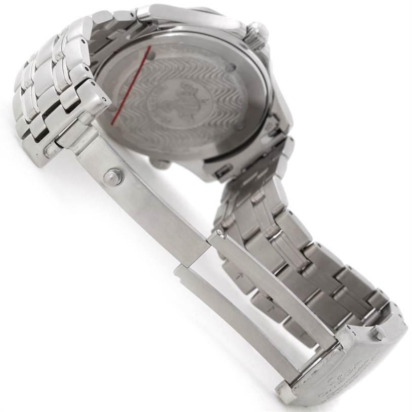 The image shows the backside and clasp of an Omega Seamaster 2254 50 00 Men
s Stainless Steel Black Dial 2254 50 00 Men
s Stainless Steel Black Dial watch, highlighting the bracelet and engraved case back.