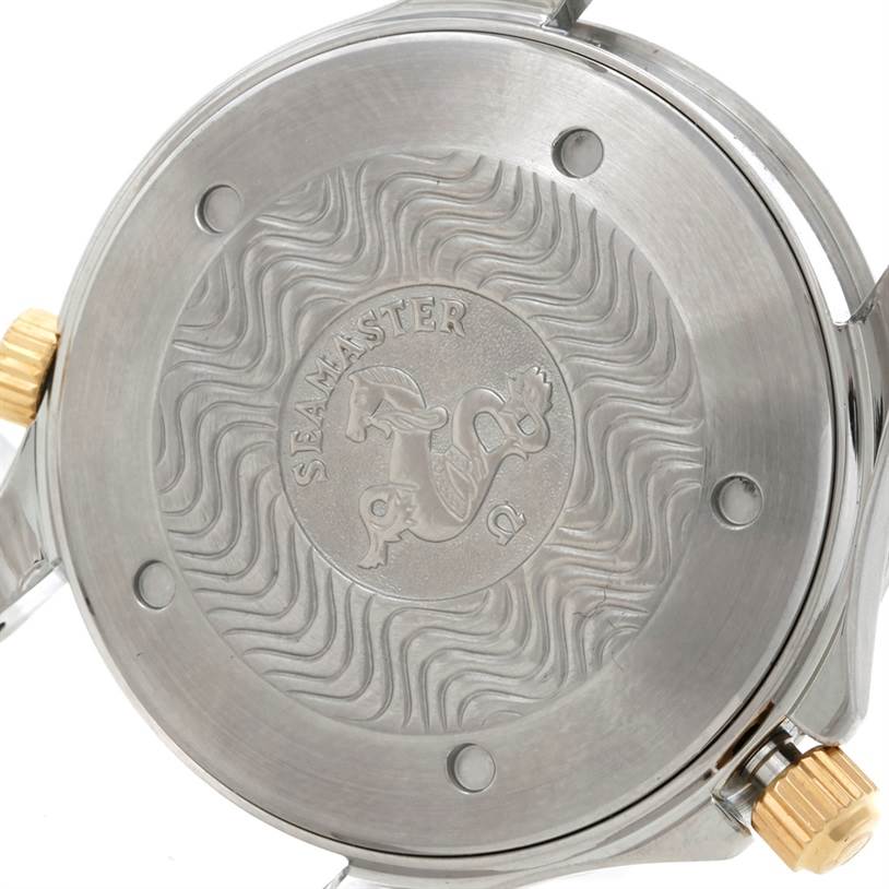 The image shows the case back of an Omega Seamaster 2332.80.00 Men
s Stainless Steel Blue Dial 2332.80.00 Men
s Stainless Steel Blue Dial watch, highlighting its engraved design and crown.