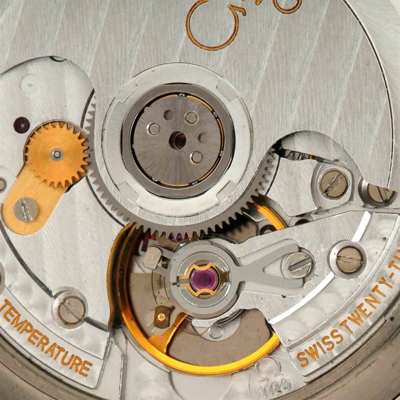 The image shows an internal view of the movement mechanism of an Omega Seamaster 2332.80.00 Men
s Stainless Steel Blue Dial 2332.80.00 Men
s Stainless Steel Blue Dial watch at a close-up angle.