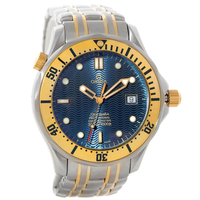 The image shows an Omega Seamaster 2332.80.00 Men
s Stainless Steel Blue Dial 2332.80.00 Men
s Stainless Steel Blue Dial watch from a frontal angle, highlighting the bezel, dial, hands, and bracelet.