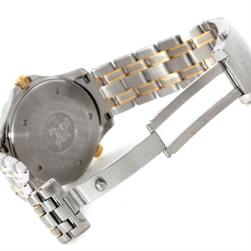 The image shows the back case and partially open clasp of an Omega Seamaster 2332.80.00 Men
s Stainless Steel Blue Dial 2332.80.00 Men
s Stainless Steel Blue Dial watch.