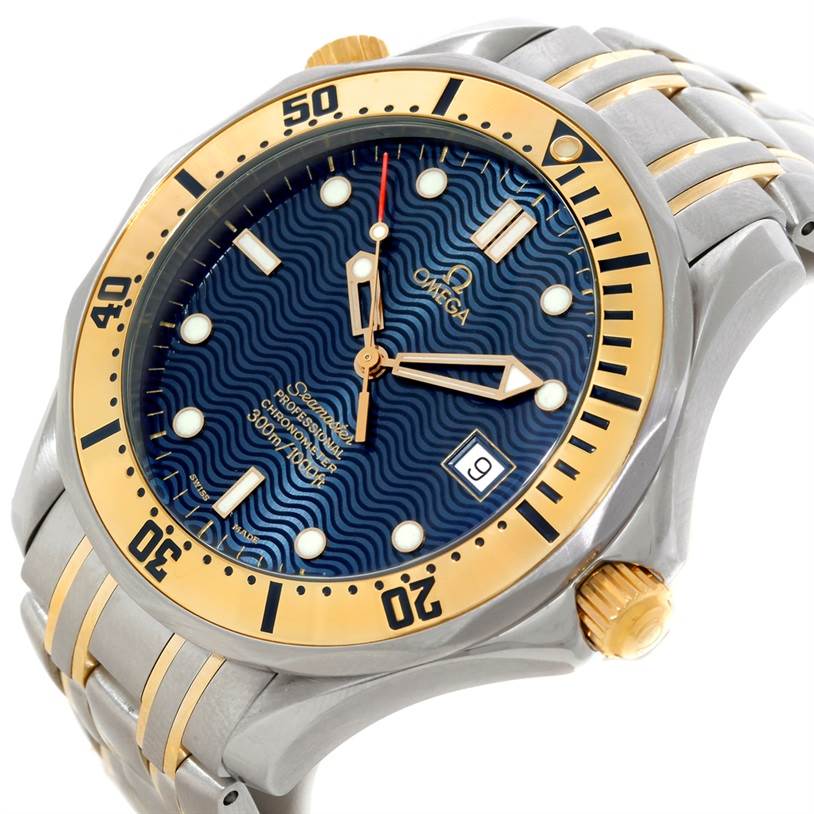 The image shows an Omega Seamaster 2332.80.00 Men
s Stainless Steel Blue Dial 2332.80.00 Men
s Stainless Steel Blue Dial watch at a 3/4 angle, highlighting its blue dial, golden bezel, and metal bracelet.