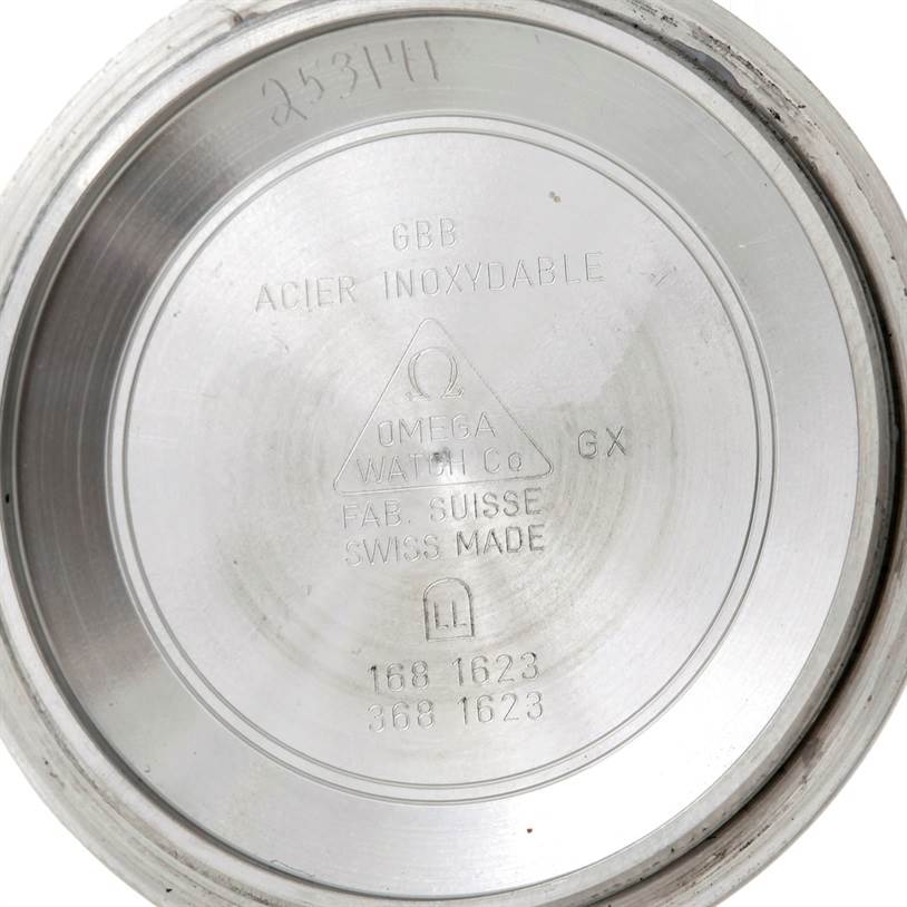 This image shows the inner case back of an Omega Seamaster 2332.80.00 Men
s Stainless Steel Blue Dial 2332.80.00 Men
s Stainless Steel Blue Dial watch with engraved information and markings.