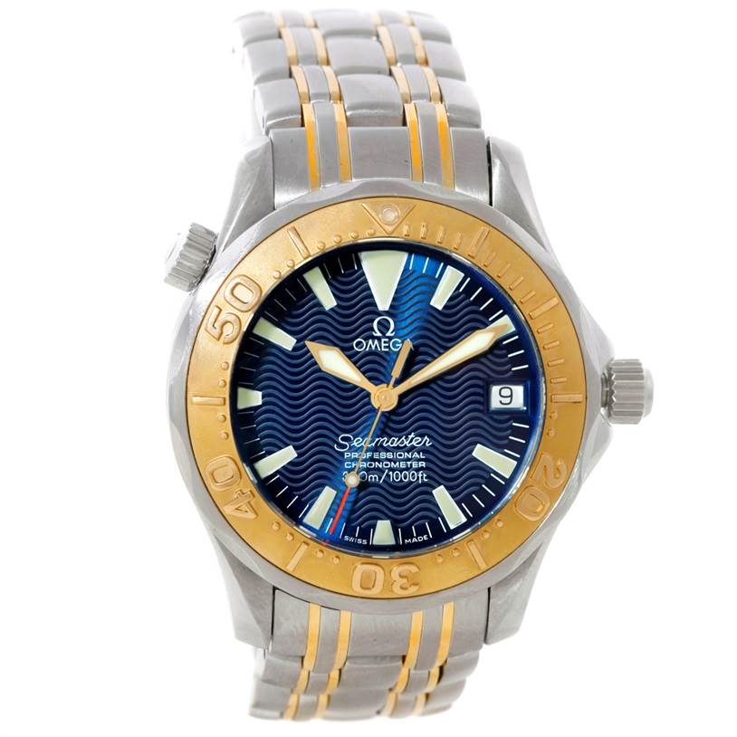 The image shows a front view of the Omega Seamaster Men
s Stainless Steel Blue Dial Men
s Stainless Steel Blue Dial watch, displaying its dial, bezel, and bracelet.