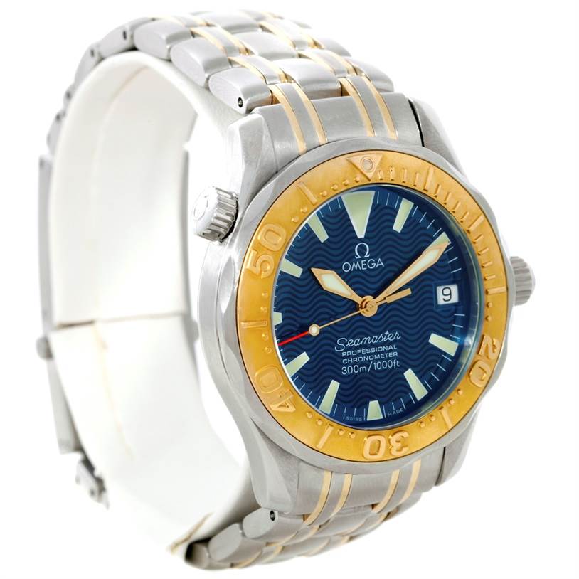The image shows an angled view of an Omega Seamaster Men
s Stainless Steel Blue Dial Men
s Stainless Steel Blue Dial watch, highlighting its face, bezel, crown, and part of the bracelet.