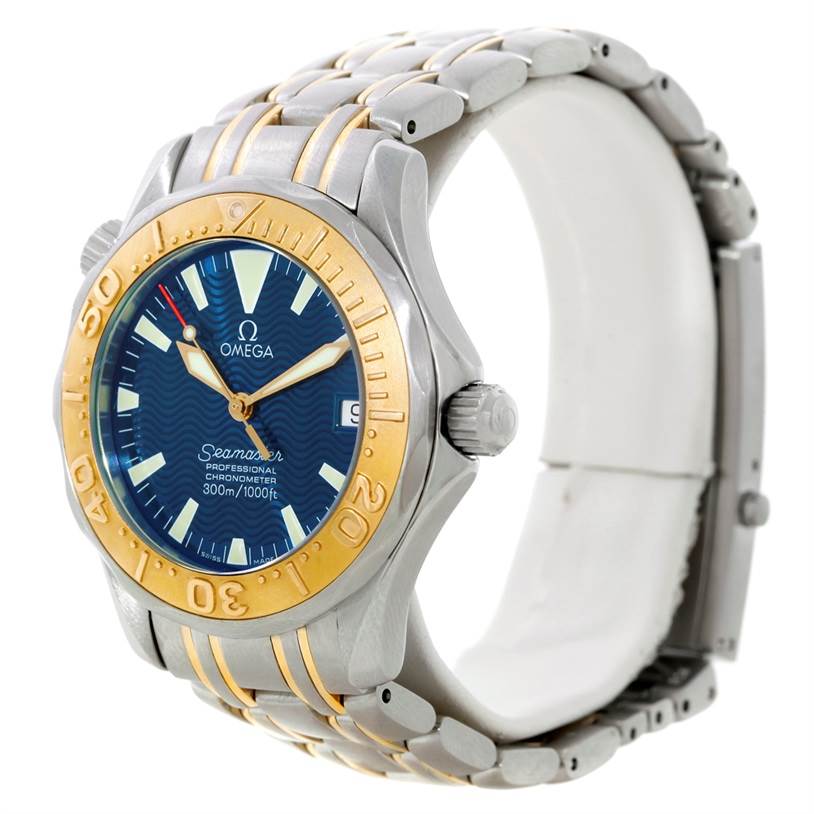 The image shows a side-angle view of an Omega Seamaster Men
s Stainless Steel Blue Dial Men
s Stainless Steel Blue Dial watch, highlighting its bezel, dial, and metal bracelet.